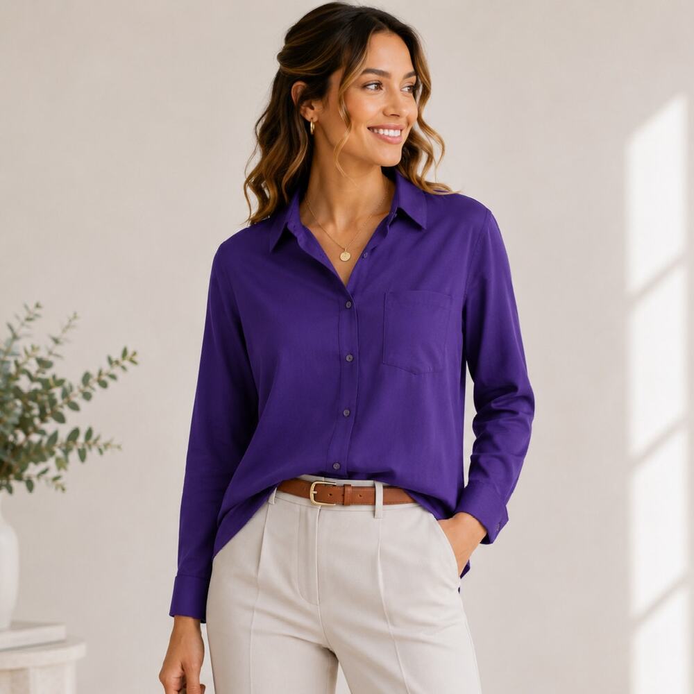 Foxcroft Wrinkle Free Classic Fit Button-Up Top Women's Size 14 Purple Office